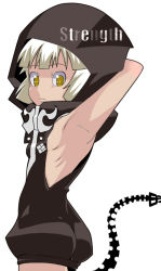 Rule 34 | 10s, 1girl, armpits, arms up, black rock shooter, eito, female focus, flat chest, hood, hoodie, short hair, simple background, solo, strength (black rock shooter), tail, white background, white hair, yellow eyes
