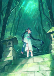 Rule 34 | 1girl, aqua theme, bad id, bad pixiv id, blue sash, closed mouth, day, expressionless, forest, from below, green eyes, green hair, green kimono, green theme, highres, japanese clothes, kimono, light rays, long hair, looking at viewer, nature, obi, original, outdoors, sash, shichigatsu, sidelocks, solo, stairs, standing, stone lantern, stone stairs, sunbeam, sunlight, tree, twintails, very long hair, yayoi (shichigatsu)