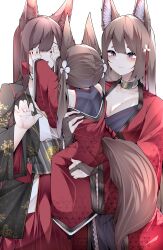Rule 34 | 3girls, absurdres, age difference, aged down, akagi (azur lane), amagi-chan (azur lane), amagi (azur lane), animal ears, arms up, azur lane, black kimono, blush, breasts, bridal gauntlets, brown hair, carrying, carrying person, covering another&#039;s eyes, fox ears, fox girl, fox tail, gloves, hair ornament, hand on another&#039;s waist, hands on another&#039;s face, hands up, highres, japanese clothes, kimono, kitsune, large breasts, long hair, multiple girls, print kimono, purple eyes, purple shirt, red kimono, samip, shirt, simple background, smile, standing, tail, white background, wide sleeves
