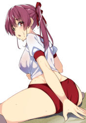 Rule 34 | 1girl, ass, bra, breasts, buruma, clothes lift, from behind, gym shirt, gym uniform, hair ribbon, heterochromia, hololive, houshou marine, koubou (cowbow kun), large breasts, long hair, looking at viewer, looking back, open mouth, puffy short sleeves, puffy sleeves, red bra, red buruma, red eyes, red hair, red ribbon, ribbon, see-through, shirt, shirt lift, short sleeves, sitting, solo, spread legs, sweat, twintails, underwear, virtual youtuber, wariza, white shirt, yellow eyes