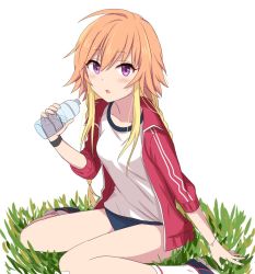 Rule 34 | 2 nostg, ahoge, bandaid, bare legs, blonde hair, bloomers, blue footwear, blush, bottle, breasts, collarbone, grass, holding, holding bottle, idolmaster, idolmaster cinderella girls, jacket, legs, light brown hair, long hair, looking at viewer, multicolored hair, ninomiya asuka, open clothes, open jacket, open mouth, purple eyes, red jacket, shirt, sitting, small breasts, socks, solo, thighs, track jacket, two-tone hair, underwear, wariza, water bottle, white background, white shirt, white socks