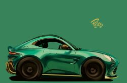 Rule 34 | artist name, aston martin, aston martin vantage, car, commentary, english commentary, from side, green background, green car, highres, motor vehicle, no humans, original, shadow, simple background, sports car, vehicle focus, will pierce