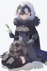 Rule 34 | 1girl, absurdres, armor, bandages, black cape, black thighhighs, cape, cat, cattail, closed mouth, fate/samurai remnant, fate (series), headpiece, highres, jeanne d&#039;arc alter (fate), jeanne d&#039;arc alter (lancer) (fate), maratang, plant, seiza, short hair, sitting, solo, thighhighs, white hair, yellow eyes