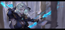 Rule 34 | 1girl, arrow (projectile), ashe (league of legends), black sleeves, blue eyes, blurry, blurry background, bow (weapon), breasts, brush l, cleavage, dated, detached sleeves, grey eyes, highres, holding, holding bow (weapon), holding weapon, hood, hood down, league of legends, letterboxed, long hair, looking at viewer, medium breasts, medium hair, parted bangs, parted lips, signature, solo, teeth, weapon, white hair