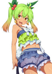 Rule 34 | 1girl, ahoge, bare shoulders, bloomers, blush, bow, cowboy shot, dress, earrings, falcom, fang, flat chest, frilled dress, frilled skirt, frills, green hair, hair ornament, jewelry, leaf hair ornament, looking at viewer, mdf an, microskirt, midriff, miniskirt, multicolored hair, navel, open mouth, orange eyes, orange hair, ricotta (ys), shorts, simple background, skirt, smile, solo, twintails, underwear, white background, ys, ys viii lacrimosa of dana