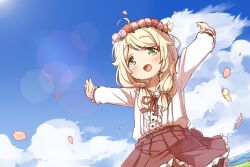 Rule 34 | 1girl, :d, ahoge, animal, blonde hair, blue sky, blush, brown skirt, bug, butterfly, center frills, cloud, cloudy sky, collared shirt, commentary request, day, flower, flower wreath, frilled skirt, frills, green eyes, hair over shoulder, head wreath, idolmaster, idolmaster cinderella girls, idolmaster cinderella girls starlight stage, insect, long hair, long sleeves, low twintails, neck ribbon, open mouth, outdoors, outstretched arms, parted bangs, pink flower, pleated skirt, puffy long sleeves, puffy sleeves, red flower, red ribbon, ribbon, shirt, skirt, sky, smile, solo, twintails, white shirt, yukie (kusaka shi), yusa kozue