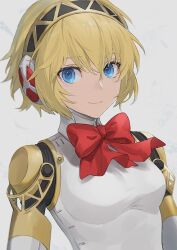 Rule 34 | 1girl, aegis (persona), android, black hairband, blonde hair, blue eyes, bow, bowtie, closed mouth, commentary request, gold trim, hair between eyes, hairband, headphones, isa (peien516), looking at viewer, persona, persona 3, red bow, red bowtie, robot ears, short hair, simple background, smile, solo, white background