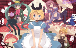 Rule 34 | 1boy, 3girls, alice (alice in wonderland), alice (alice in wonderland) (cosplay), alice in wonderland, animal ears, apron, bad id, bad pixiv id, blonde hair, blue eyes, boots, bow, bowtie, card, castle, caterpillar (alice in wonderland), checkered background, cosplay, cup, dress, green hair, hair ribbon, hat, hatsune miku, hookah, kagamine len, kagamine rin, long hair, mad hatter (alice in wonderland), mad hatter (alice in wonderland) (cosplay), megurine luka, multiple girls, mushroom, oluha, open mouth, pink hair, pocket watch, purple eyes, rabbit ears, red eyes, ribbon, short hair, sitting, smile, smoking, teacup, teapot, thigh boots, thighhighs, twintails, very long hair, vocaloid, watch, white rabbit (alice in wonderland), white rabbit (cosplay)
