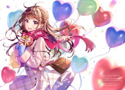 Rule 34 | 1girl, absurdres, bag, balloon, blush, box, brown eyes, brown hair, buttons, confetti, earrings, gift, handbag, heart, heart-shaped box, heart balloon, highres, holding, holding gift, huge filesize, jacket, jewelry, lips, long sleeves, looking at viewer, lopen jacket, morikura en, open clothes, open jacket, open mouth, original, pink jacket, pink scarf, polka dot, ribbon, scan, scarf, shoulder bag, simple background, skirt, sleeves past wrists, smile, solo, white background, zipper pull tab