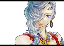 Rule 34 | 1girl, bare shoulders, blue eyes, earrings, female focus, gensou suikoden, gensou suikoden v, hair over one eye, jewelry, long hair, oumi, sialeeds falenas, silver hair, simple background, solo, white background