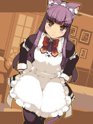 Rule 34 | 1girl, animal ear fluff, animal ears, apron, armband, blunt bangs, blush, bow, bowtie, brown eyes, cat ears, cat girl, cat tail, closed mouth, dress, hime cut, indoors, juliet sleeves, lillithlauda, long hair, long sleeves, looking at viewer, maid, maid apron, maid headdress, original, outline, pantyhose, pixel art, puffy sleeves, purple hair, purple pantyhose, red bow, red bowtie, sidelocks, solo, tail, v-shaped eyebrows