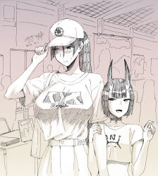 Rule 34 | 2girls, adjusting clothes, adjusting headwear, alternate hairstyle, bag, baseball cap, bob cut, breasts, collar, commentary request, contemporary, crop top, cropped shirt, dated, fangs, fate/grand order, fate (series), greyscale, handbag, hat, horns, large breasts, minamoto no raikou (fate), monochrome, multiple girls, nervous, pointing, shirt, shuten douji (fate), signature, skin-covered horns, skirt, sweatdrop, t-shirt, table, tented shirt, titiduki (manman-ya)