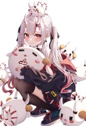 Rule 34 | 1girl, absurdres, highres, hololive, horns, jacket, long hair, looking at viewer, nakiri ayame, open clothes, open jacket, red eyes, sa-ya2, simple background, skin-covered horns, smile, solo, twintails, virtual youtuber, white hair