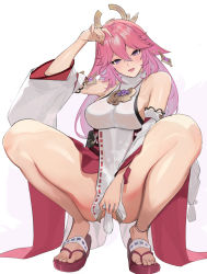 Rule 34 | 1girl, animal ears, anklet, bare shoulders, blush, breasts, detached sleeves, earrings, fox ears, genshin impact, hair ornament, hareno chiame, highres, jewelry, large breasts, long hair, looking at viewer, necklace, pendant, pink hair, purple eyes, red skirt, sidelocks, skirt, sleeveless, solo, squatting, very long hair, wide sleeves, yae miko