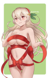 Rule 34 | 1girl, bare shoulders, blush, bow, breasts, christmas, cleavage, corrin (female) (fire emblem), corrin (fire emblem), fire emblem, fire emblem fates, gift, gluteal fold, highres, large breasts, long hair, looking at viewer, navel, nintendo, red eyes, ribbon, smile, solo, spiffydc, tagme, thighs, white hair, wrapped up