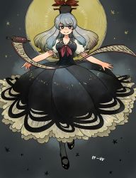 Rule 34 | 1girl, black footwear, black hat, blue dress, breasts, character name, commentary request, dress, floating, full body, full moon, grey background, grey legwear, hat, highres, kamishirasawa keine, long hair, looking at viewer, mashuu masaki, medium breasts, moon, outstretched arms, puffy short sleeves, puffy sleeves, red neckwear, scroll, shirt, shoes, short sleeves, smile, solo, spread arms, star (symbol), touhou, white shirt