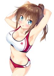 Rule 34 | 1girl, armpits, arms behind head, arms up, blue eyes, blush, breasts, brown hair, buruma, cleavage, collarbone, covered erect nipples, cowboy shot, highres, kazuma (kazumav), large breasts, long hair, looking at viewer, midriff, navel, original, ponytail, sidelocks, simple background, solo, sports bra, sweat, track uniform, two-tone sports bra, white background