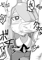 Rule 34 | 1boy, 1girl, bushimatome, cheek bulge, clothed female nude male, cum, fellatio, greyscale, hair over one eye, hand on another&#039;s head, hetero, irrumatio, little witch academia, monochrome, nude, oral, penis, sucy manbavaran, uncensored