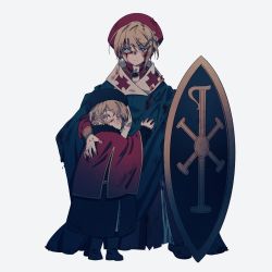 Rule 34 | aged down, alternate costume, axis powers hetalia, brother and sister, cape, child, clinging, fermium.ice, hair ornament, hairpin, hat, highres, looking at viewer, looking back, medieval, russia (hetalia), shield, siblings, simple background, ukraine (hetalia)