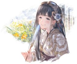 Rule 34 | 1girl, alpha transparency, black eyes, black hair, blush, fingernails, flower, goggles, goggles on head, granblue fantasy, hair ornament, hand fan, holding, holding fan, japanese clothes, jessica (granblue fantasy), kimono, lips, long hair, looking at viewer, minaba hideo, official art, paper fan, smile, solo, teeth, transparent background, upper body, yukata