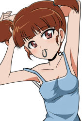 Rule 34 | arm behind head, arms up, blue shirt, blush, breasts, brown eyes, brown hair, character request, girls und panzer, hair tie in mouth, holding, holding own hair, looking at viewer, mouth hold, open mouth, shirt, short twintails, small breasts, solo, strap gap, twintails, tying hair, wakku kan, white background