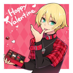 Rule 34 | 1boy, argyle, argyle background, argyle clothes, black shirt, blonde hair, chocolate, collar, dog tags, green eyes, happy valentine, licking, licking finger, looking at viewer, male focus, minoa (lastswallow), nitro+ chiral, pink background, raglan sleeves, rin (togainu no chi), shirt, short hair, simple background, solo, togainu no chi, upper body, valentine