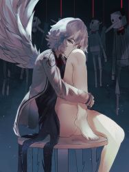 Rule 34 | 1girl, absurdres, angel wings, ass, barefoot, bow, bowtie, braid, collared dress, commentary, convenient leg, dark background, dress, english commentary, expressionless, eyelashes, feathered wings, feet, french braid, gradient background, hanging, highres, jacket, kishin sagume, knee up, knees, legs, long sleeves, looking at viewer, naufaldreamer, puppet, puppet strings, purple dress, red bow, red bowtie, red eyes, short hair, silver hair, single wing, sitting, solo, stool, string, thighs, toes, touhou, white jacket, white wings, wing collar, wings