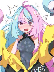 Rule 34 | 1girl, bare arms, blue hair, breasts, creatures (company), game freak, hexagon print, iono (pokemon), jacket, long hair, multicolored hair, nintendo, oversized clothes, partially unzipped, pink hair, pokemon, pokemon sv, removing jacket, seiun (hoshigumo 72), sharp teeth, sleeveless, sleeves past fingers, sleeves past wrists, solo, split-color hair, teeth, very long sleeves, x, yellow jacket