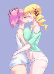 Rule 34 | 10s, 2girls, alternate breast size, arms around waist, asymmetrical docking, blonde hair, blush, breast press, breasts, closed eyes, drill hair, from side, hair ornament, hair ribbon, hairpin, highres, huge breasts, kaname madoka, kiss, mahou shoujo madoka magica, mahou shoujo madoka magica (anime), mizuumi (bb), multiple girls, panties, pink hair, ribbon, short hair, short twintails, tomoe mami, twin drills, twintails, underwear, yuri