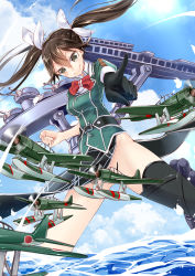 Rule 34 | 10s, 1girl, 218, aircraft, airplane, asymmetrical legwear, blue sky, bottomless, breasts, brown eyes, brown hair, cannon, clenched hand, cloud, convenient censoring, cowboy shot, day, elbow gloves, giant, giantess, gloves, hair between eyes, hair ribbon, kantai collection, long hair, looking at viewer, looking down, mecha musume, medium breasts, no panties, outdoors, pelvic curtain, pointing, pointing at viewer, ribbon, seaplane, short sleeves, single elbow glove, single thighhigh, sky, smile, solo, sun, thighhighs, tone (kancolle), tone kai ni (kancolle), turret, twintails, uneven legwear, water