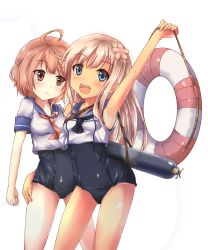 Rule 34 | 10s, 2girls, a-lapin, blonde hair, blue eyes, brown eyes, brown hair, crop top, flower, hair flower, hair ornament, highres, i-58 (kancolle), kantai collection, lifebuoy, long hair, multiple girls, old school swimsuit, one-piece swimsuit, one-piece tan, ro-500 (kancolle), sailor collar, school swimsuit, school uniform, serafuku, short hair, simple background, swim ring, swimsuit, swimsuit under clothes, tan, tanline
