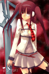 Rule 34 | 1girl, belt, black thighhighs, breasts, checkered clothes, checkered necktie, cleavage, earmuffs, eyepatch, female focus, garter straps, headband, highres, jacket, kuma panda, long hair, million knights vermilion, necktie, red background, red eyes, red hair, scissors, skirt, smile, solo, thighhighs, twintails, weapon, yuri (million knights vermilion)