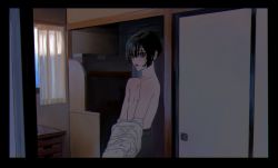 Rule 34 | 1girl, androgynous, black border, black hair, border, chest of drawers, curtains, desk, flat chest, grey eyes, looking at viewer, nipples, original, parted lips, short hair, shouji, sliding doors, solo, table, topless, undressing, unko man, upper body