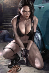 Rule 34 | 1girl, bare shoulders, black bra, black footwear, black hair, black panties, blood, blue eyes, bra, breasts, capcom, car, cleavage, collarbone, commentary, denim, dirty, elbow sleeve, english commentary, fingerless gloves, gloves, gun, hair behind ear, handgun, holding, holding gun, holding weapon, injury, jeans, jewelry, jill valentine, large breasts, medium hair, motor vehicle, necklace, panties, pants, parted lips, pistol, resident evil, resident evil 3, resident evil 3: nemesis, resident evil 3 (remake), sasha zotova, solo, squatting, stairs, thigh strap, underwear, underwear only, weapon, zombie, zumi (zumidraws)