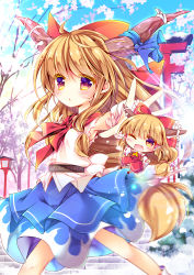 Rule 34 | 1girl, :o, ;d, ascot, belt, blonde hair, blue bow, blue skirt, blue sky, bow, cherry blossoms, chibi, commentary request, cosplay, detached sleeves, enjoy mix, fang, hair bow, hair tubes, hakurei reimu, hakurei reimu (cosplay), horn ornament, horn ribbon, horns, ibuki suika, japanese clothes, long hair, looking at viewer, one eye closed, oni, oni horns, open mouth, outdoors, petals, purple eyes, red bow, red shirt, red skirt, ribbon, shirt, skirt, sky, sleeveless, sleeveless shirt, smile, torii, touhou, tree, white shirt, yellow ascot