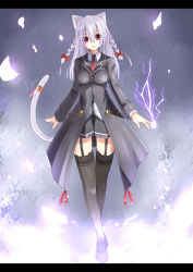 Rule 34 | 1girl, animal ears, black thighhighs, blazer, bow, braid, breasts, cat ears, cat tail, coat, electricity, garter straps, hair bow, hair ornament, hair ribbon, heterochromia, jacket, jewelry, letterboxed, loafers, long coat, long hair, necktie, original, overcoat, parted lips, red necktie, ribbon, shoes, silver hair, solo, tail, taletale, thighhighs, twin braids