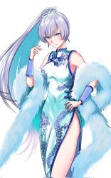 Rule 34 | 1girl, alternate costume, aqua hair, blue eyes, breasts, china dress, chinese clothes, closed mouth, colored inner hair, covered navel, cowboy shot, dragon print, dress, feather boa, grey hair, hair ribbon, hand on own hip, high ponytail, highres, kumanosigenium1, looking at viewer, medium breasts, multicolored hair, print dress, ribbon, rwby, scar, scar across eye, scar on face, side slit, simple background, sleeveless, sleeveless dress, smile, solo, weiss schnee, white background, white dress