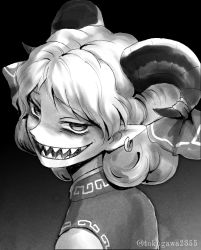 Rule 34 | 1girl, curly hair, dark background, earrings, evil grin, evil smile, from side, greyscale, grin, horizontal pupils, horn ornament, horn ribbon, horns, houzuki (hotondo), jewelry, looking at viewer, looking to the side, monochrome, open mouth, patterned clothing, pointy ears, portrait, profile, rectangular pupils, ribbon, sharp teeth, sheep horns, short hair, simple background, sleeveless, smile, solo, teeth, touhou, toutetsu yuuma, twitter username, vest