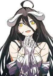 Rule 34 | 1girl, ahoge, albedo (overlord), artist name, bare shoulders, black hair, breasts, demon girl, demon horns, dress, elbow gloves, fangs, gloves, hair between eyes, hands up, highres, horns, infukun, large breasts, long hair, looking at viewer, overlord (maruyama), signature, simple background, slit pupils, smile, solo, straight-on, teeth, upper body, upper teeth only, very long hair, white background, white dress, white gloves, yellow eyes