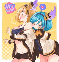 Rule 34 | 2girls, ;p, bad id, bad pixiv id, bike shorts, blonde hair, blue eyes, blue hair, bob cut, grabbing another&#039;s breast, brown eyes, casual, conqueror of the eternals, contemporary, djeeta (granblue fantasy), dual persona, grabbing, granblue fantasy, guider to the eternal edge, hair ornament, hairband, heart, highres, hood, hooded jacket, jacket, multiple girls, navel, one eye closed, open mouth, selfcest, spoken heart, surprised, tongue, tongue out, umazuta, yuri