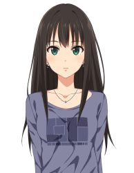 Rule 34 | 10s, 1girl, bad id, bad pixiv id, breasts, brown hair, earrings, expressionless, green eyes, idolmaster, idolmaster cinderella girls, jewelry, long hair, looking at viewer, necklace, shibuya rin, simple background, small breasts, solo, yuuhi (ages)