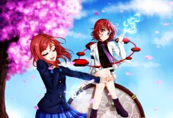 Rule 34 | 10s, 2girls, bow, cherry blossoms, closed eyes, crossed legs, crossover, drum, drumsticks, electricity, electrokinesis, hand on own chest, horikawa raiko, instrument, jacket, lightning, look-alike, looking at viewer, love live!, love live! school idol project, mitsudomoe (shape), multiple girls, necktie, nishikino maki, open mouth, red eyes, red hair, school uniform, shirt, short hair, sitting, skirt, smile, tadeshi, tomoe (symbol), touhou