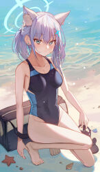 Rule 34 | 1girl, animal ear fluff, animal ears, bag, barefoot, beach, black one-piece swimsuit, blue archive, blue eyes, breasts, collarbone, competition swimsuit, covered navel, cross hair ornament, extra ears, feet, grey hair, hair ornament, halo, highleg, highleg swimsuit, highres, holding, low ponytail, medium breasts, medium hair, mismatched pupils, multicolored clothes, multicolored swimsuit, official alternate costume, one-piece swimsuit, qc6, sandals, unworn sandals, shiroko (blue archive), shiroko (swimsuit) (blue archive), small breasts, solo, starfish, swimsuit, toenails, toes, water, waves, wolf ears