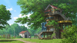 Rule 34 | akasa tanaha (user uhrn4435), bad id, bad pixiv id, blue sky, bush, cloud, commentary request, day, forest, grass, house, laundry, nature, no humans, original, outdoors, railing, scenery, sky, stairs, tree, window