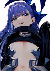 Rule 34 | 1girl, absurdres, albino (a1b1n0623), blue eyes, blue hair, fate/extra, fate/extra ccc, fate (series), flat chest, hair ribbon, highres, long hair, looking at viewer, meltryllis (fate), navel, open mouth, purple hair, ribbon, sleeves past fingers, sleeves past wrists, solo, upper body, white background