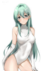 Rule 34 | 1girl, alternate costume, aqua hair, breasts, cowboy shot, elbow gloves, geiger, gloves, green eyes, hair ornament, hairclip, highres, kantai collection, leotard, long hair, medium breasts, simple background, solo, suzuya (kancolle), turtleneck, white background, white gloves, white leotard