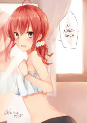 Rule 34 | 10s, 1girl, ahoge, alternate hairstyle, arashi (kancolle), arched back, bare shoulders, blush, camisole, crop top, crop top overhang, curtains, from side, hair ornament, hair scrunchie, hands on own chest, hard-translated, indoors, kantai collection, midriff, mirror, open mouth, ponytail, reflection, sakiryo kanna, scrunchie, solo, teeth, third-party edit, translated, twitter username, window, yellow eyes