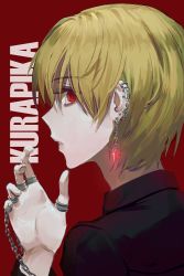 Rule 34 | 1boy, absurdres, black shirt, blonde hair, chain, character name, collared shirt, commentary, earrings, glint, hand up, highres, hunter x hunter, jewelry, kurapika, long sleeves, looking to the side, male focus, mmo (mmo omm938), multiple rings, parted lips, red background, red eyes, ring, shirt, short hair, simple background, solo, thumb ring, upper body