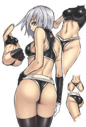 Rule 34 | 1girl, abs, ass, black thighhighs, breasts, green eyes, grey hair, houtengeki, impossible clothes, impossible shirt, multiple views, original, panties, shirt, sketch, thighhighs, thong, underwear, white hair