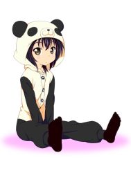 Rule 34 | 1girl, animal costume, blush, brown eyes, costume, feet, funami yui, higata0815, panda costume, purple hair, short hair, sitting, solo, yuru yuri